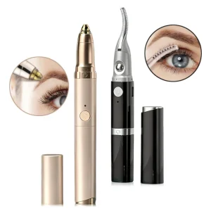Portable USB Rechargeable Gold Plated Double Head Eyebrow Trimmer & Electric Heated Slanted Tip Eyelash Curler SJ 01