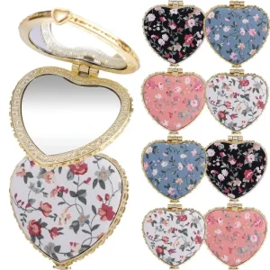 Portable Vintage Compact Pocket Foldable Single Sided ABS+Glass Daily Use Heart Sharp Fabric Covered Makeup Cosmetic Mirror