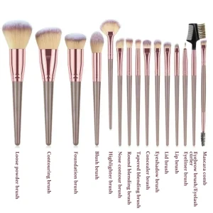 Powder Highlighter Brush 15 PCS Pink Resin Cosmetic Makeup Brushes Set with Mascara Comb