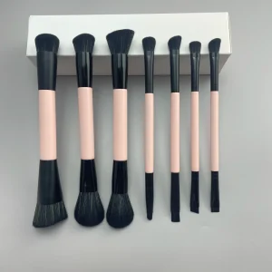 Premium 7pcs Pink Dual Ended Concealer and Eyeliner Makeup Brush Set with Synthetic Hair Wood Handle Flat Style for Face