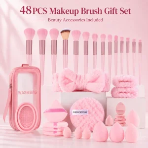 Premium Pink 48PCS Portable Synthetic Hair OEM Custom Logo Beauty Tools with Wash Bag Makeup Brush Set