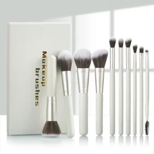 Private Label 10pcs Professional Makeup Brush Set Wood Handles Nylon Bristles Face Vegan Includes Concealer Fan Eyebrow Pencil