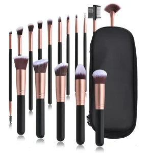 Private Label 16 Pcs Black Wood Handle Cosmetics Rose Gold Makeup Brushes Set
