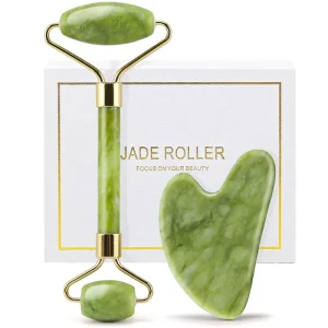 Private Label 2 in 1 Natural Jade Roller Set Custom Guasha Eye Face Massage Facial Beauty Jade Roller and Gua Sha Set