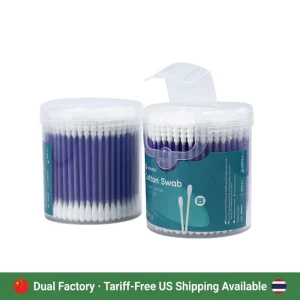 Private Label Biodegradable Screw Round Head Cotton Swab 200pcs Purple Paper Stick Cotton Bud with Round Box