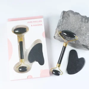 Private Label Genuine Natural Nephrite Facial White Black Jade Face Roller and Gua Sha Massager Set Made in Guangdong