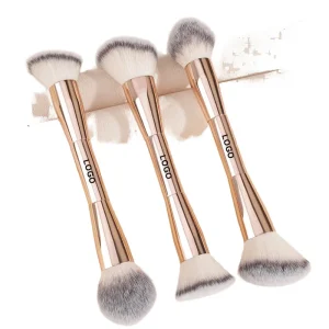Private Label Gold 2 in 1 Dual Makeup Brush Double Ended Kabuki Foundation Fan Brush Wood Handle Blusher Tool