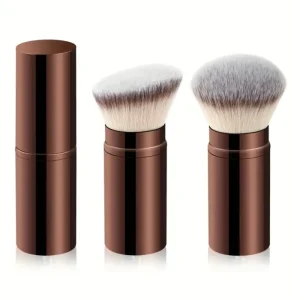 Private Label High Quality Synthetic Hair Angular Flat Brush Single Telescopic Powder Makeup Blush Brush Metal Handle Cheek Use