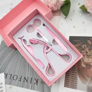 Private Label Pink Lashes Tools Set Stainless Steel Private Logo Eyelash Tweezer Applicator Eyebrow Scissors Curler Kit Case