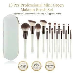 Professional 15 Pcs Mint Green Makeup Brush Set Vegan Synthetic Brushes Make up Set Private Label Makeup Brushes Set with Bag