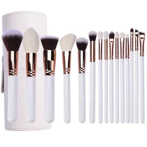 Professional 15pcs Rose Gold Makeup Brush Set with White Wooden Handle Flat Powder Blush Eyeshadow Brushes with Bag
