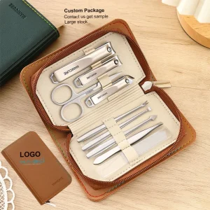 Professional 9PCS Stainless Steel Nail Care Tools Fingernail Clipper Travel GroomingKit Classic Brown Manicure and Pedicure Set