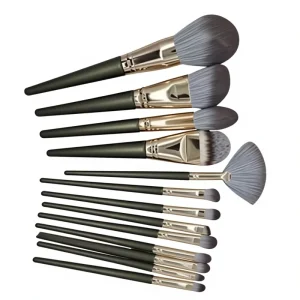 Professional Dark Green Face Makeup Brush Set 14 Golden Vegetarian Non Cruel Soft Hair Fan Brush Foundation