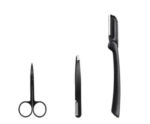 Professional Eyebrow Hair Style Care Black Precise Stainless Steel Lightweight Reusable ESD Tweezer Razor Scissor Set