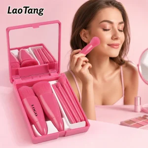 Professional Free Custom Logo Pink Make up Portable 5 Pcs Travel Makeup Brush Set With Mirror Case
