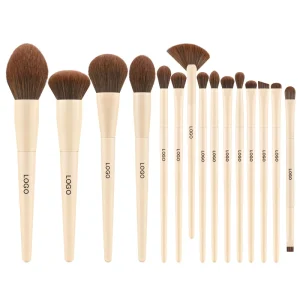 Professional Kabuki Foundation Kit 15pcs Khaki Makeup Brushes Set with Wood Handle Custom Logo Face Use