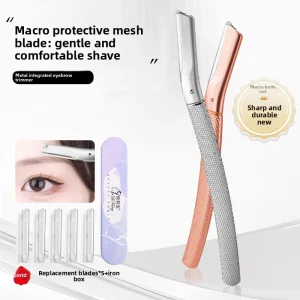 Professional Lady Beauty Eyebrow Trimmer Razor Full Stainless Steel Durable Safety Slanted Replaceable Blade 42g Lightweight