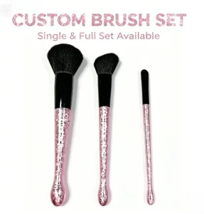 Professional Makeup Brush Set of Three with Durable Pink Plastic Handles Soft Black Nylon Bristles