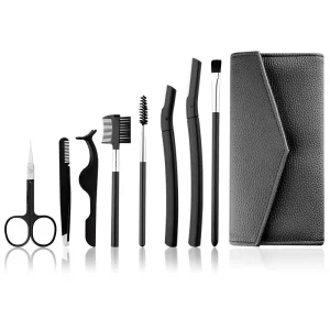 Professional Portable Stainless Steel Eyebrow Trimmer Set Includes 8pcs Tweezers Slanted Razor Brush Scissors