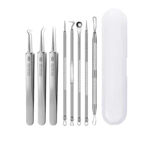 Professional Silver Stainless Steel 8 Piece Acne Needle Set for Acne Treatment Blackhead Removal Pore Cleaning Face Skin Care