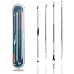 Professional Stainless Steel Silver Pink Pimple Popper Blackhead Remover Comedone Extractor Acne Clip 4 Piece Set for Nose Face