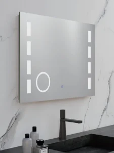 Rectangle Wall Mounted LED Bathroom Mirror with Round Magnifying Makeup Mirror Touch Control Anti-fog Vanity Mirror