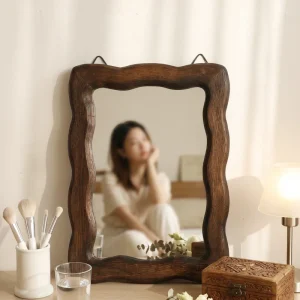 Retro Wave Wood Frame Square Cosmetic Mirror Personalized Design for Bedroom Desktop Dual Purpose High Definition Makeup Mirror