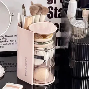 Rotating 4 Tier Makeup Caddy with Brush Holder Multi Slot Organizer for Cosmetics & Tools Durable & Space Saving