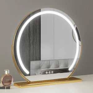 Round LED Cosmetic Mirror with Smart Touch Dimming Supplementary Light Framed Makeup Mirror for Vanity Bedroom Table