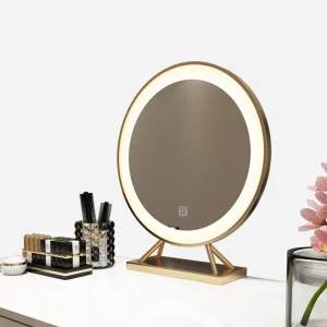 Round LED Makeup Mirror Ring Light Gold Frame Touch Control Dimmable Vanity Mirror for Dressing Table
