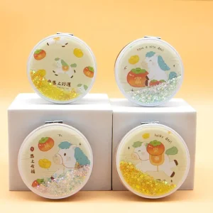 Round Makeup Mirror Exquisite Quicksand Makeup Mirror Portable Double Sided Foldable Mirror 2X Magnification