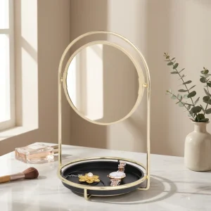 Round Vanity Mirror Set with Storage Tray 360° Rotating Gold Frame Makeup Mirror Dressing Table Use