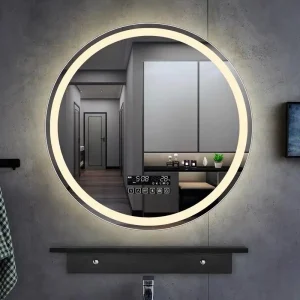 Round Wall Mounted Smart Vanity Mirror with LED Light Touch Switch Digital Display for Hotel Apartment Renovation