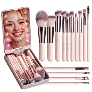 SFM Portable Face Makeup Brush Set with LED Lighted Mirror Case 14PCS Wood Handle Synthetic Hair