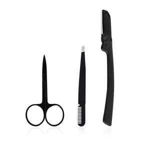 Set of 3 Black Beauty Makeup Scissor Razor Tweezers Eyebrow Shaping Essentials