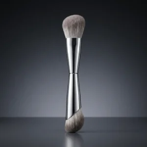 Silver Dual Ended Fan Brush Makeup Brush with Electroplated Handle, Vegan Soft Bristle, for Face Contouring and Sculpting