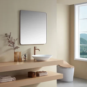 Silver Rectangle Vanity Mirror Furniture Wall Mirror with LED Display Screen Handmade for Bathroom Makeup