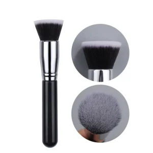 Single Makeup Brush with Dense Fluffy Synthetic Hair, Black and Silver, Flat Top Large Liquid Foundation Brush, Travel