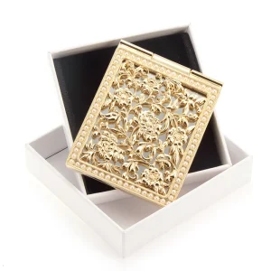 Single sided Folding Makeup Mirror Luxury Gold Metal Floral Carved Pearl embellished Rectangular Compact Mirror