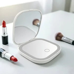 Smart LED Dual Sided Magnifying Foldable Travel Cosmetic Handbag Mirror 3 Color Modes Rechargeable Portable