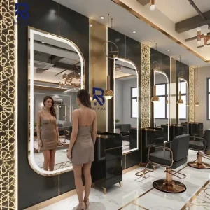 Smart LED Hair Salon Mirror Gold Frame D Shaped Backlit Mirror Professional Barber Shop Furniture Full Length Vanity Mirror