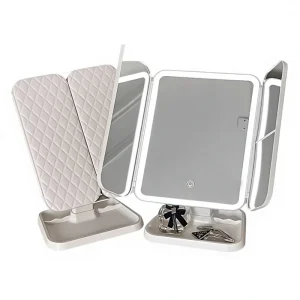 Smart LED-lit Plastic Frame Makeup Mirror Desktop Three-Sided Folding Beauty Vanity Mirror 270-Degree Ultra-Wide AngleA