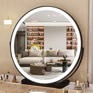 Smart Touch Control Lighted Makeup Mirror 360 Rotation with 3 Colors Dimmer Black Round Wall Mirror
