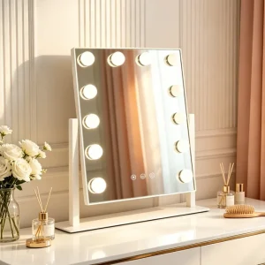 Smart Touch LED Single Sided Cosmetic Desktop Makeup Mirror with Holly Wood Style Silver Finish 3 Color Dimmable Lighting Modes