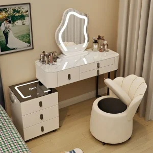 Solid Wood Dressing Table Modern Minimalist Bedroom Makeup Desk Built in Storage Drawer Unit Cloud Shaped Mirror Wireless Makeup