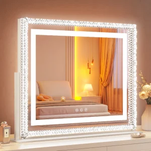 Square Makeup Mirror with Rotatable LED Lamp Smart Light HD Vanity Mirror for Bedroom Desktop Use Simple Modern Design
