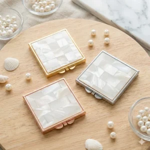 Square Mother of Pearl Inlay Compact Mirror Gold Tone Pattern Double sided Makeup Mirror for Travel or Gifts