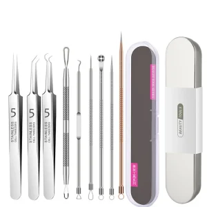 Stainless Steel Fine Cell Clip Tweezers Comedo Extractor Tool Kit for Acne Treatment Needle Picking Squeezing Nose Face Salon