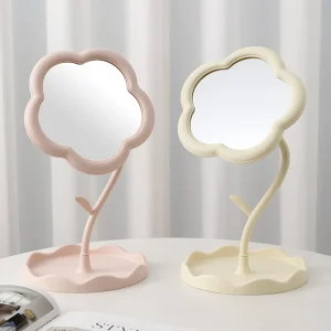 Storage Flower Shaped Makeup Mirror PP Plastic Cosmetic Desk Tabletop Mirror with Frame Detachable Rotatable