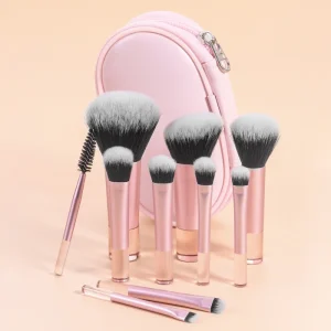 Supplier 10 Pink Color Short Handle Portable Loose Powder Blush Eyeshadow Smudged Makeup Brush Set With Storage Bag